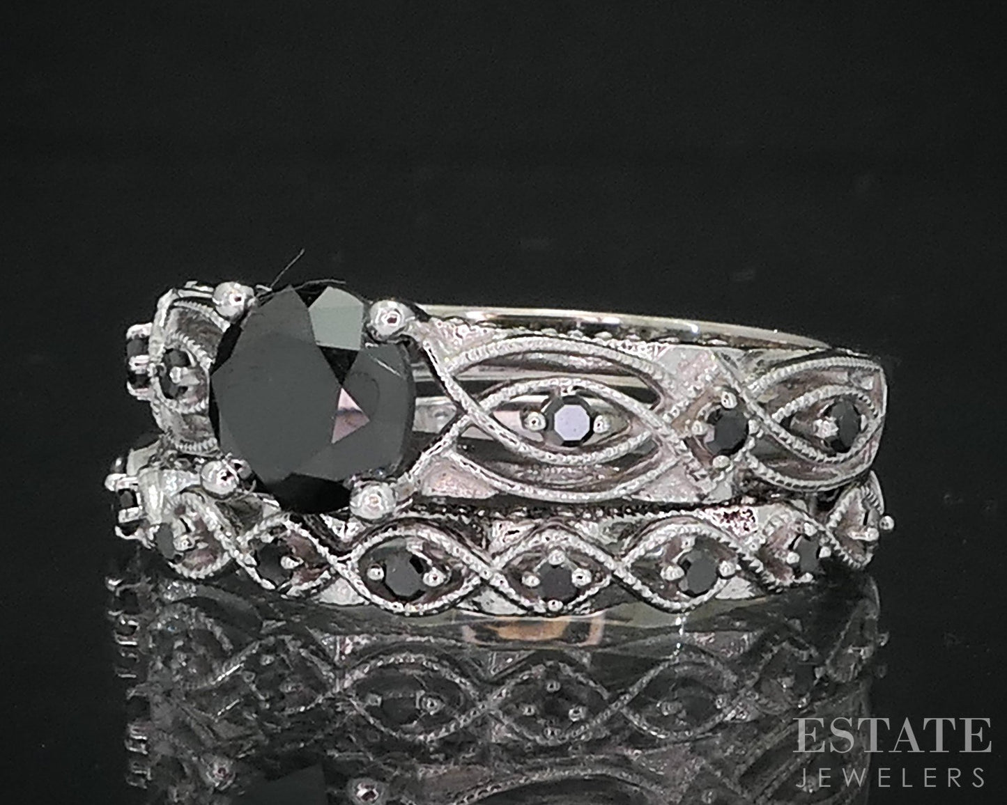10k White Gold Round Natural 1.12ctw Black Diamond Wedding Set 5.7g i19159
