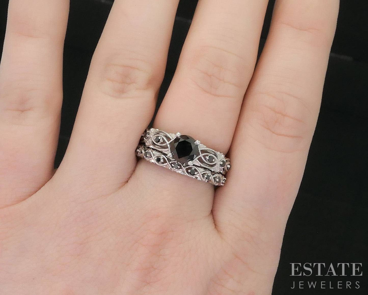 10k White Gold Round Natural 1.12ctw Black Diamond Wedding Set 5.7g i19159