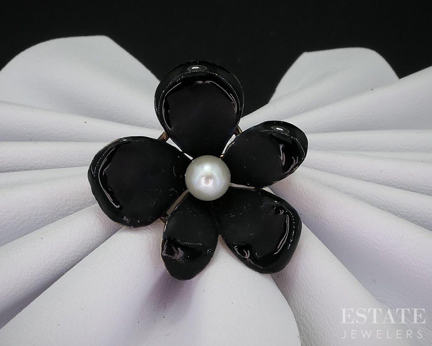 Antique 14k Yellow Gold Enameled Flower Akoya Pearl Pin Brooch 3.7g i19158