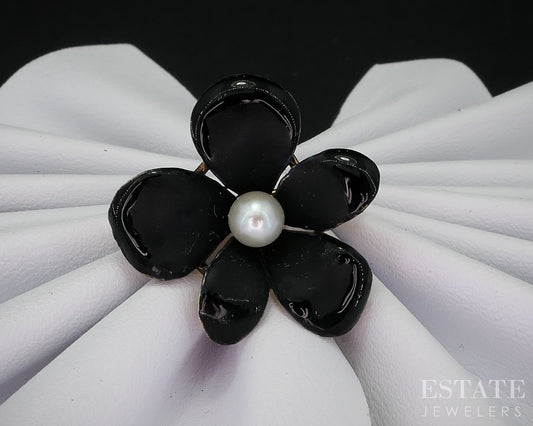 Antique 14k Yellow Gold Enameled Flower Akoya Pearl Pin Brooch 3.7g i19158