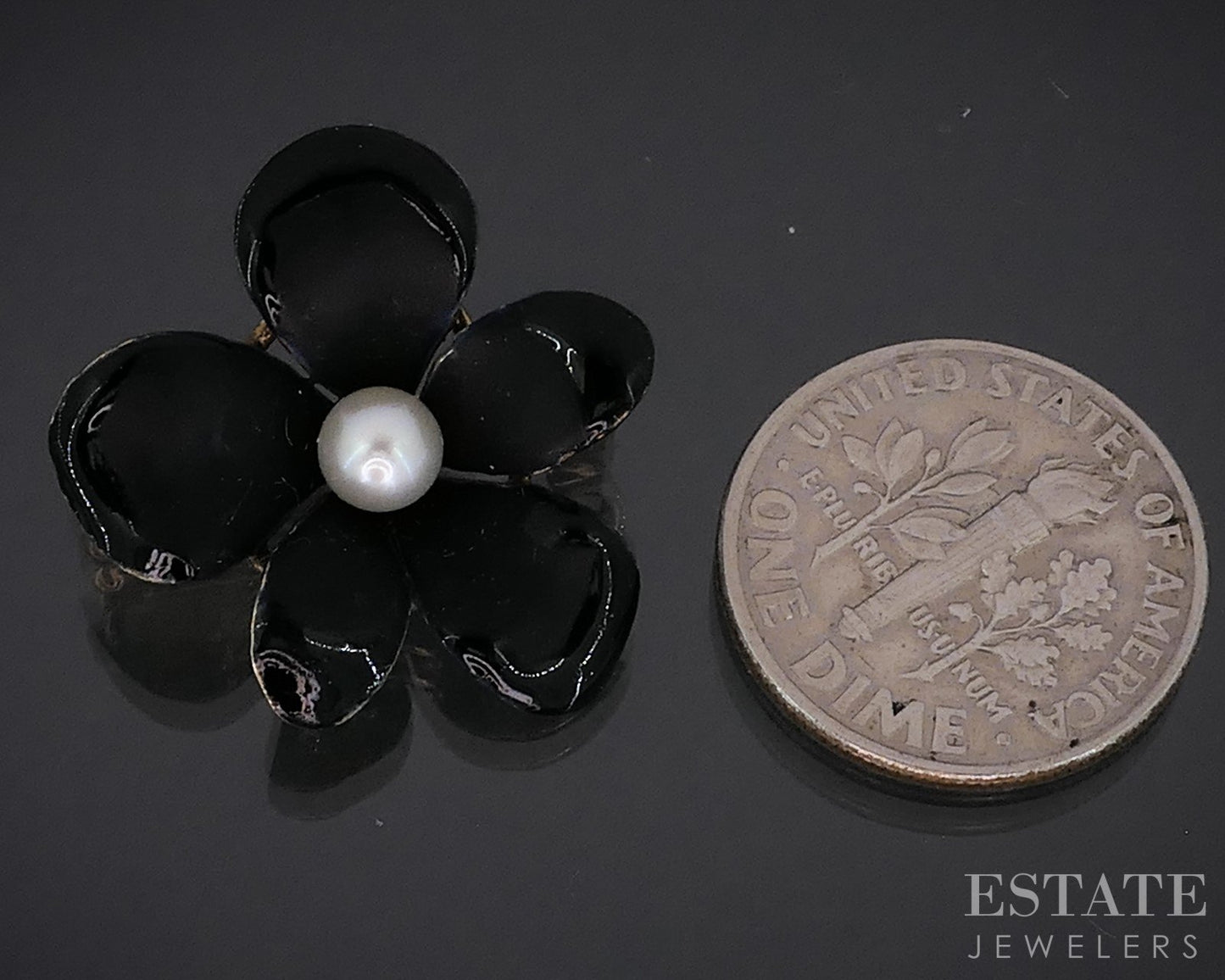 Antique 14k Yellow Gold Enameled Flower Akoya Pearl Pin Brooch 3.7g i19158