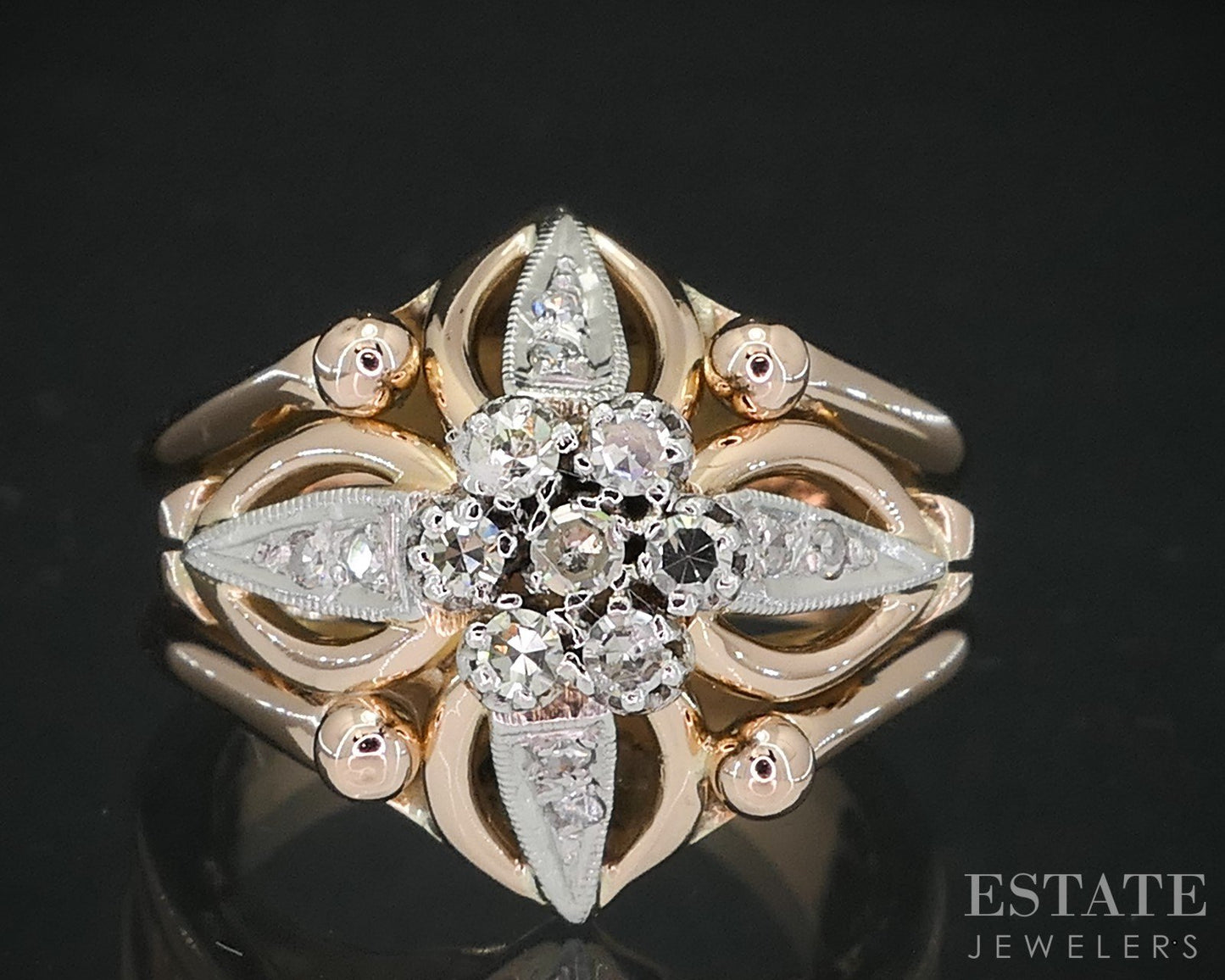 Retro 18k Gold & Platinum Single Cut .14ctw Diamond Cluster Ring 10.2g i19146