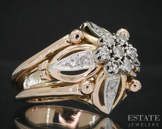 Retro 18k Gold & Platinum Single Cut .14ctw Diamond Cluster Ring 10.2g i19146