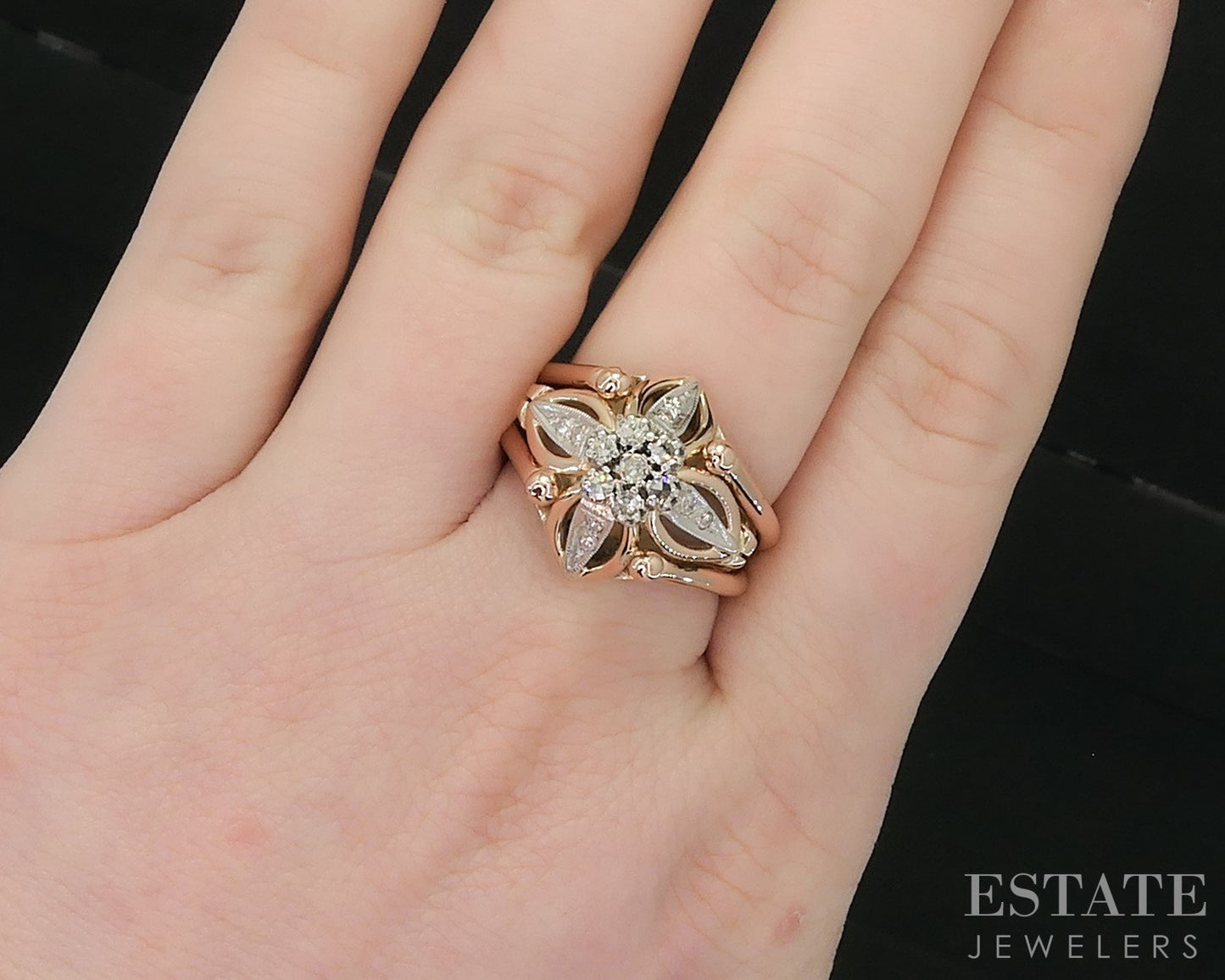 Retro 18k Gold & Platinum Single Cut .14ctw Diamond Cluster Ring 10.2g i19146