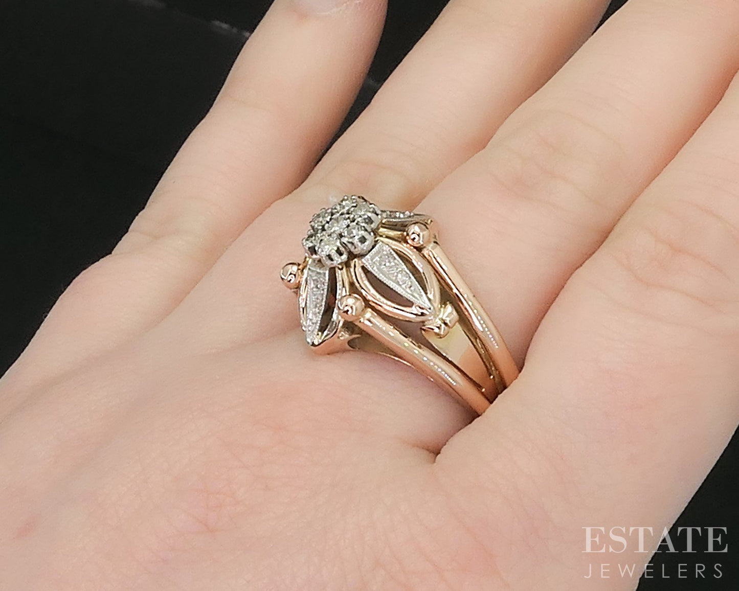 Retro 18k Gold & Platinum Single Cut .14ctw Diamond Cluster Ring 10.2g i19146