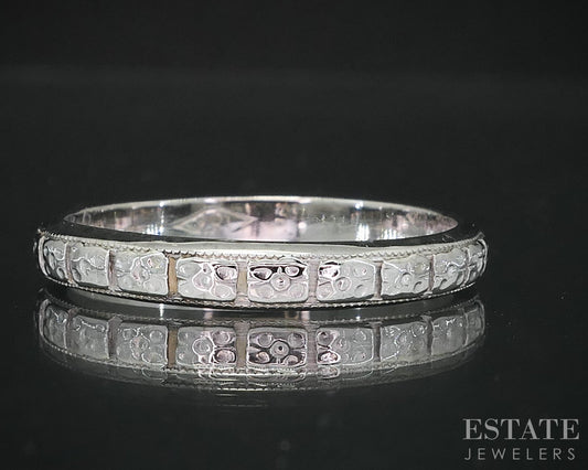 Antique 18k White Gold 3.3mm Engraved Floral Ladies Wedding Band 5.0g i19147
