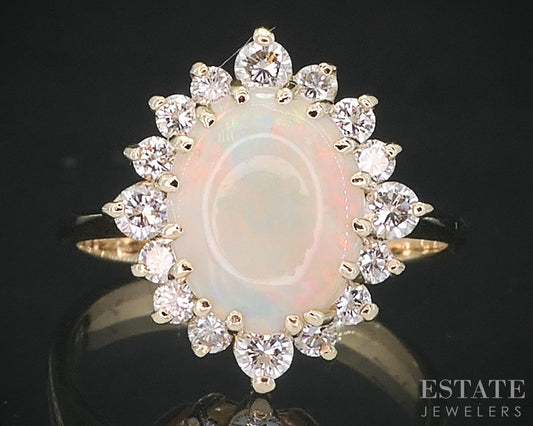 14k Yellow Gold Oval Natural Opal & Diamond Halo Ladies Ring 3.3g i19150