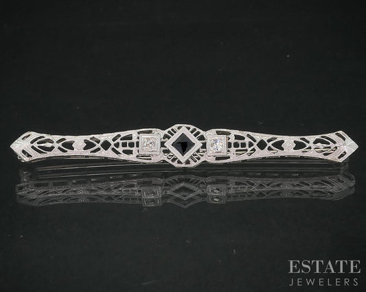Antique 14k White Gold Sapphire & Diamond Filigree Bar Pin Brooch 3.4g i19154
