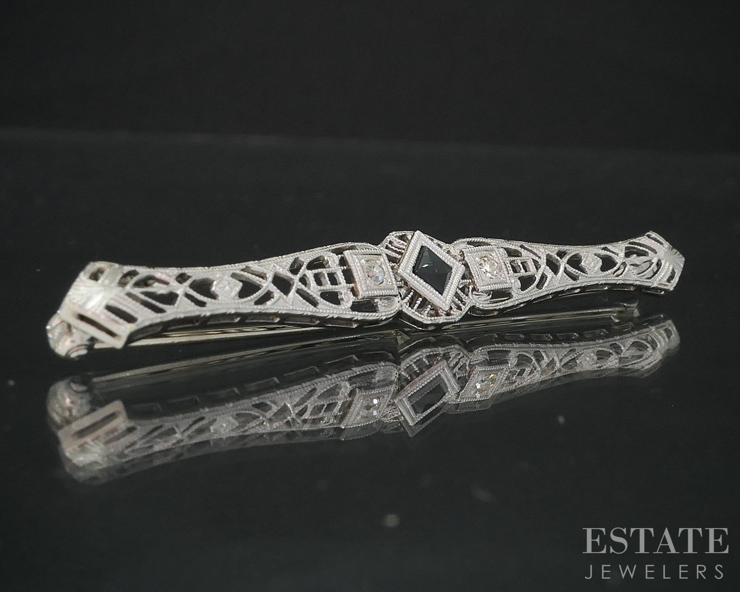 Antique 14k White Gold Sapphire & Diamond Filigree Bar Pin Brooch 3.4g i19154