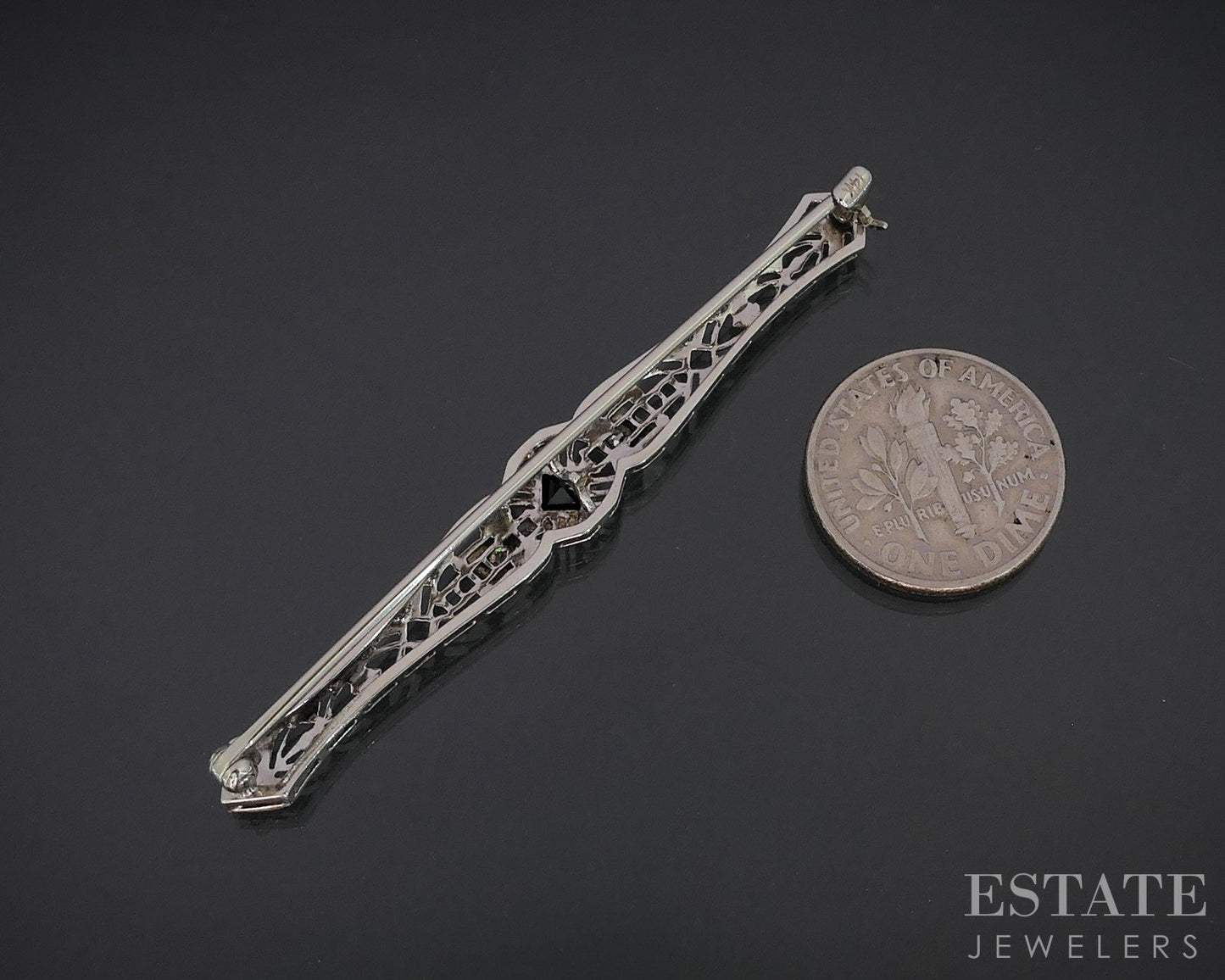 Antique 14k White Gold Sapphire & Diamond Filigree Bar Pin Brooch 3.4g i19154