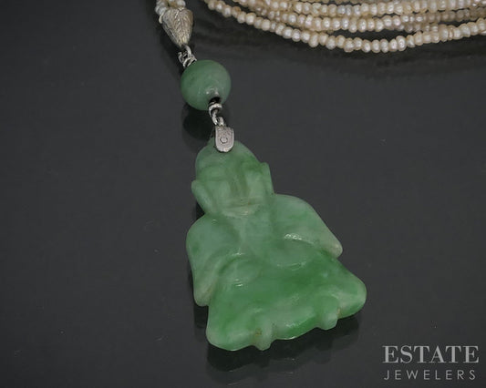 Antique Art Deco Platinum Jade Buddha Seed Pearl Sautoir Necklace 34"L i19182