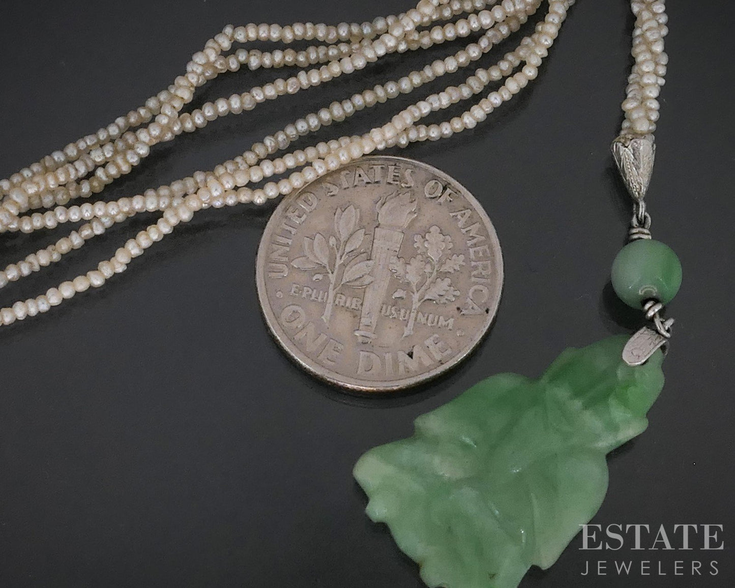 Antique Art Deco Platinum Jade Buddha Seed Pearl Sautoir Necklace 34"L i19182