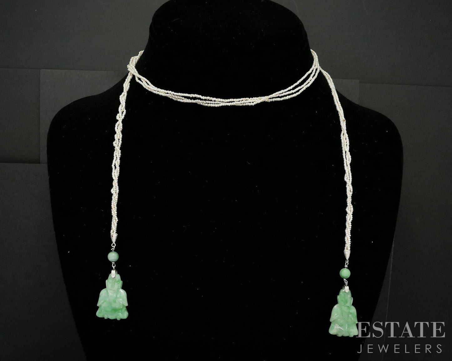 Antique Art Deco Platinum Jade Buddha Seed Pearl Sautoir Necklace 34"L i19182