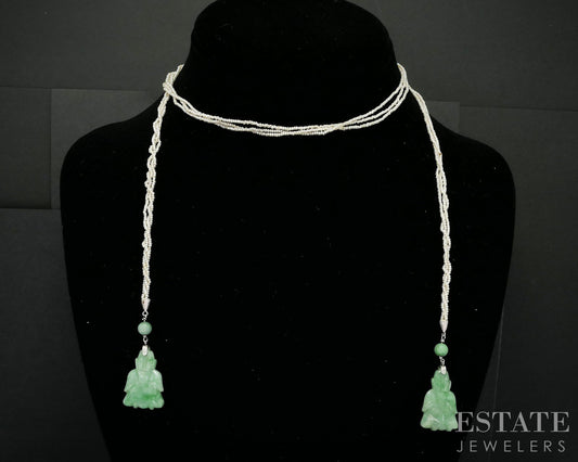 Antique Art Deco Platinum Jade Buddha Seed Pearl Sautoir Necklace 34"L i19182