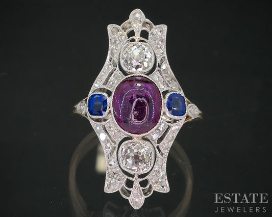 Antique Edwardian Platinum 14k Gold European Diamond Ruby Ring 3.7g p81863