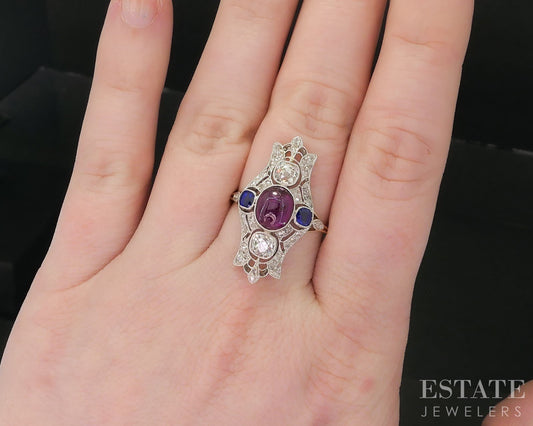 Antique Edwardian Platinum 14k Gold European Diamond Ruby Ring 3.7g p81863
