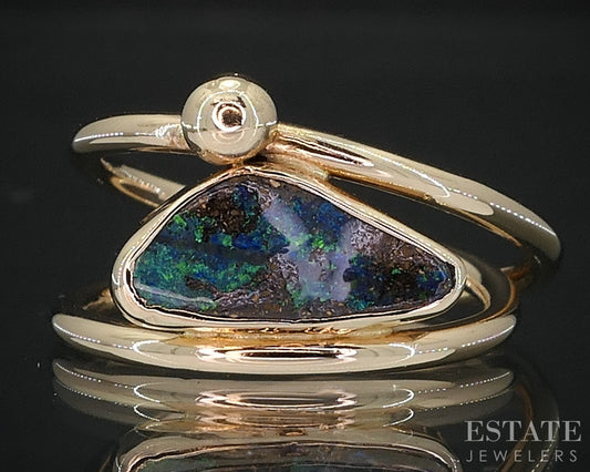 14k Yellow Gold Natural Boulder Opal Ladies Crossover Band Ring 4.1g i19210