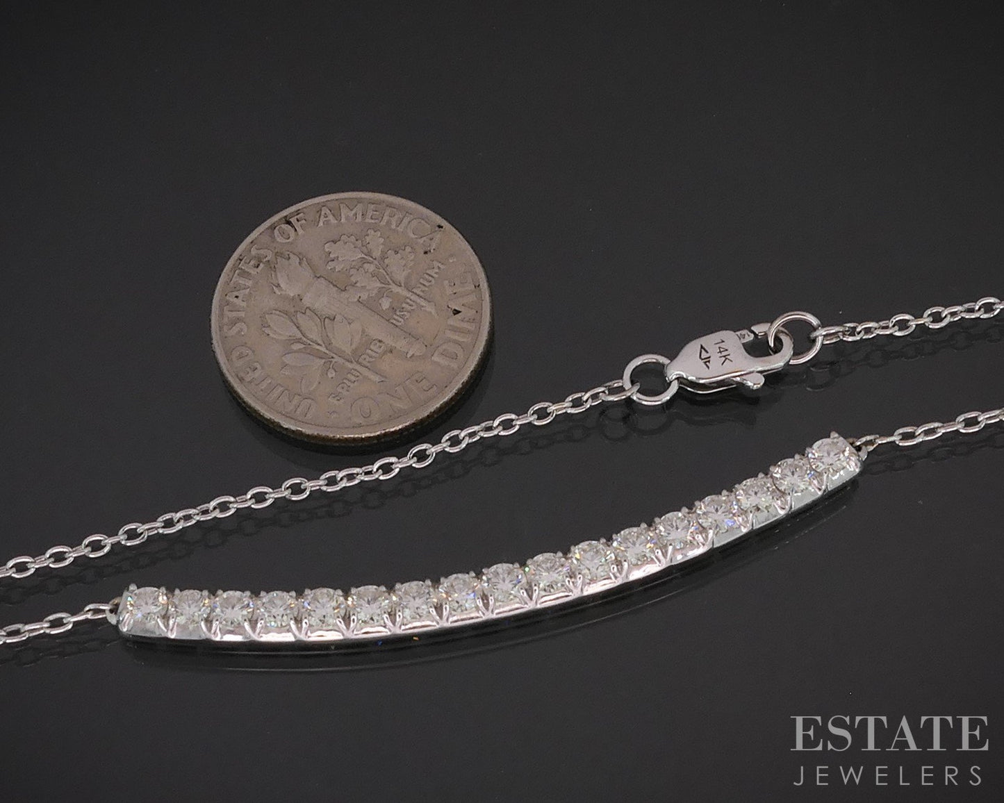 14k White Gold Natural .75ctw Diamond Curved Bar Ladies Necklace 4g 22"L i19211