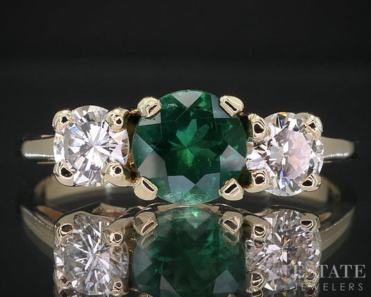 14k Yellow Gold Round Natural Emerald & Diamond Three Stone Ring 2.6g i19203