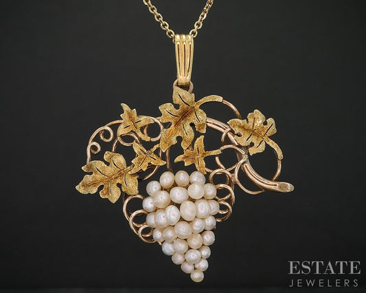 Antique Victorian Yellow Gold Seed Pearl Leafy Grape Vine Necklace 4.4g i19262
