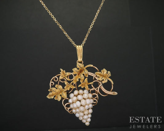 Antique Victorian Yellow Gold Seed Pearl Leafy Grape Vine Necklace 4.4g i19262