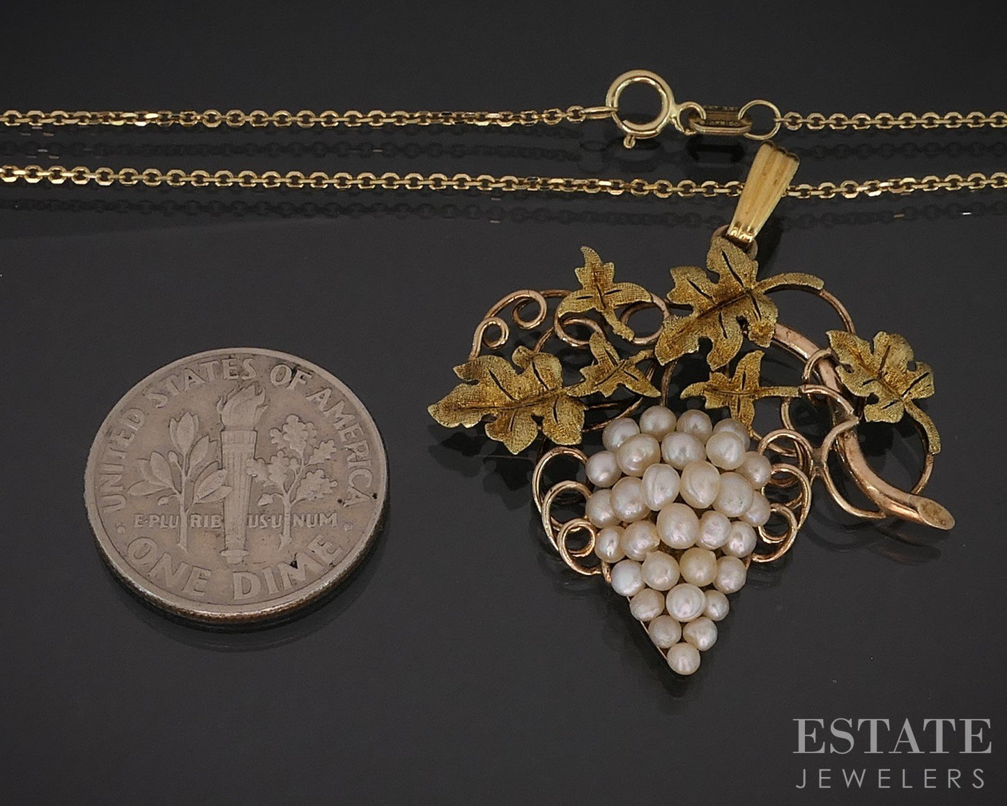 Antique Victorian Yellow Gold Seed Pearl Leafy Grape Vine Necklace 4.4g i19262