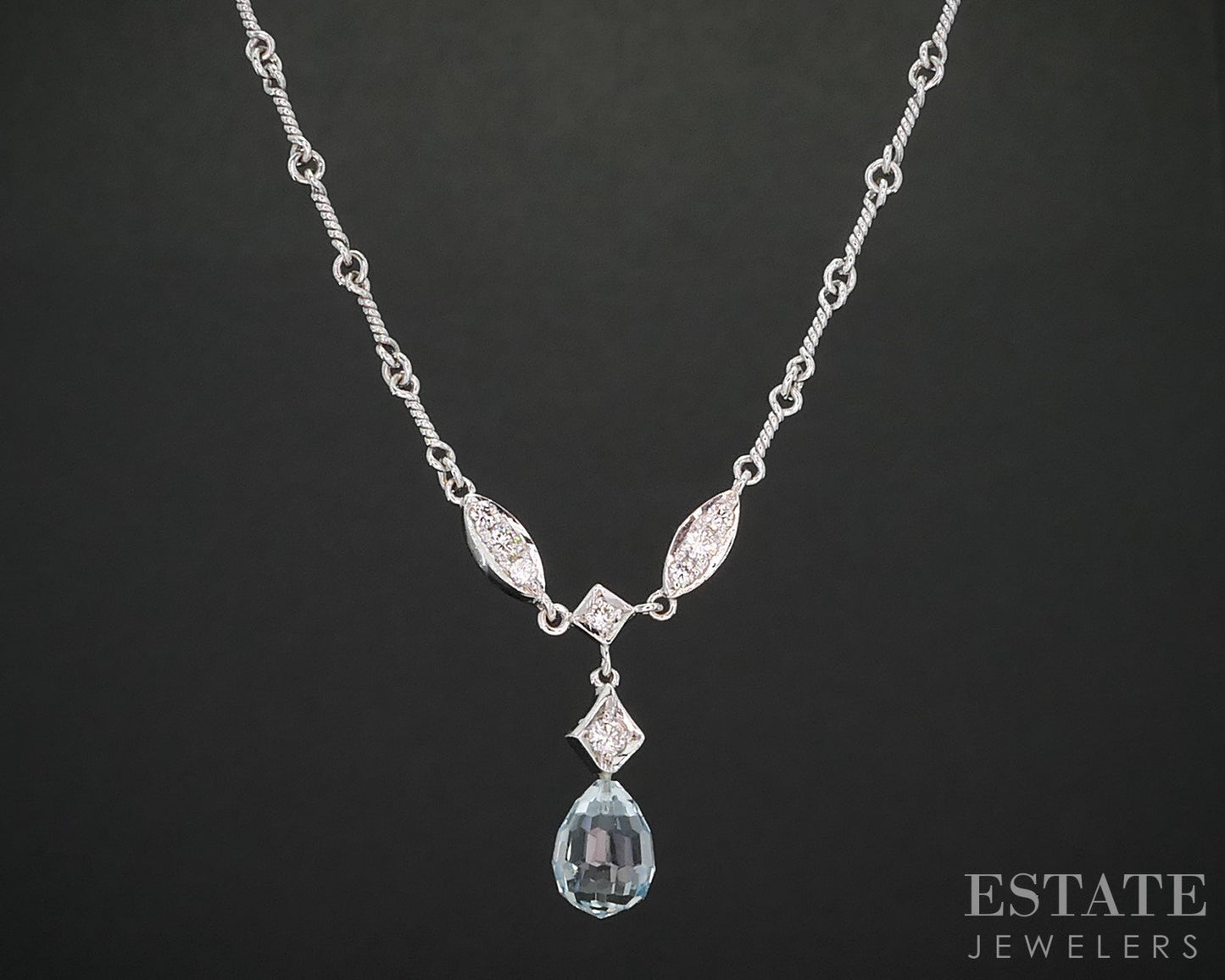 18k White Gold Natural Aquamarine & Diamond Ladies Y-Necklace 8.1g 16"L i19259