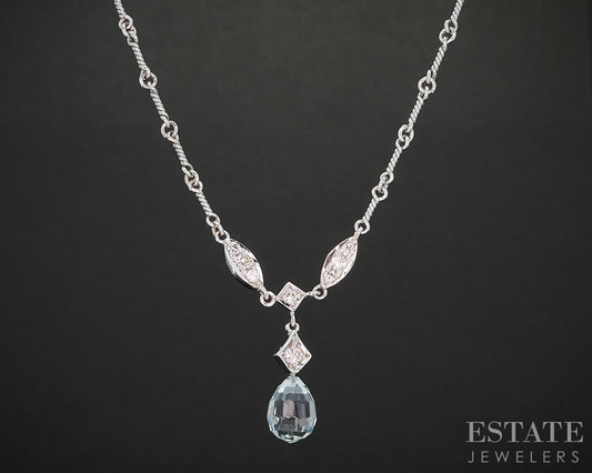 18k White Gold Natural Aquamarine & Diamond Ladies Y-Necklace 8.1g 16"L i19259