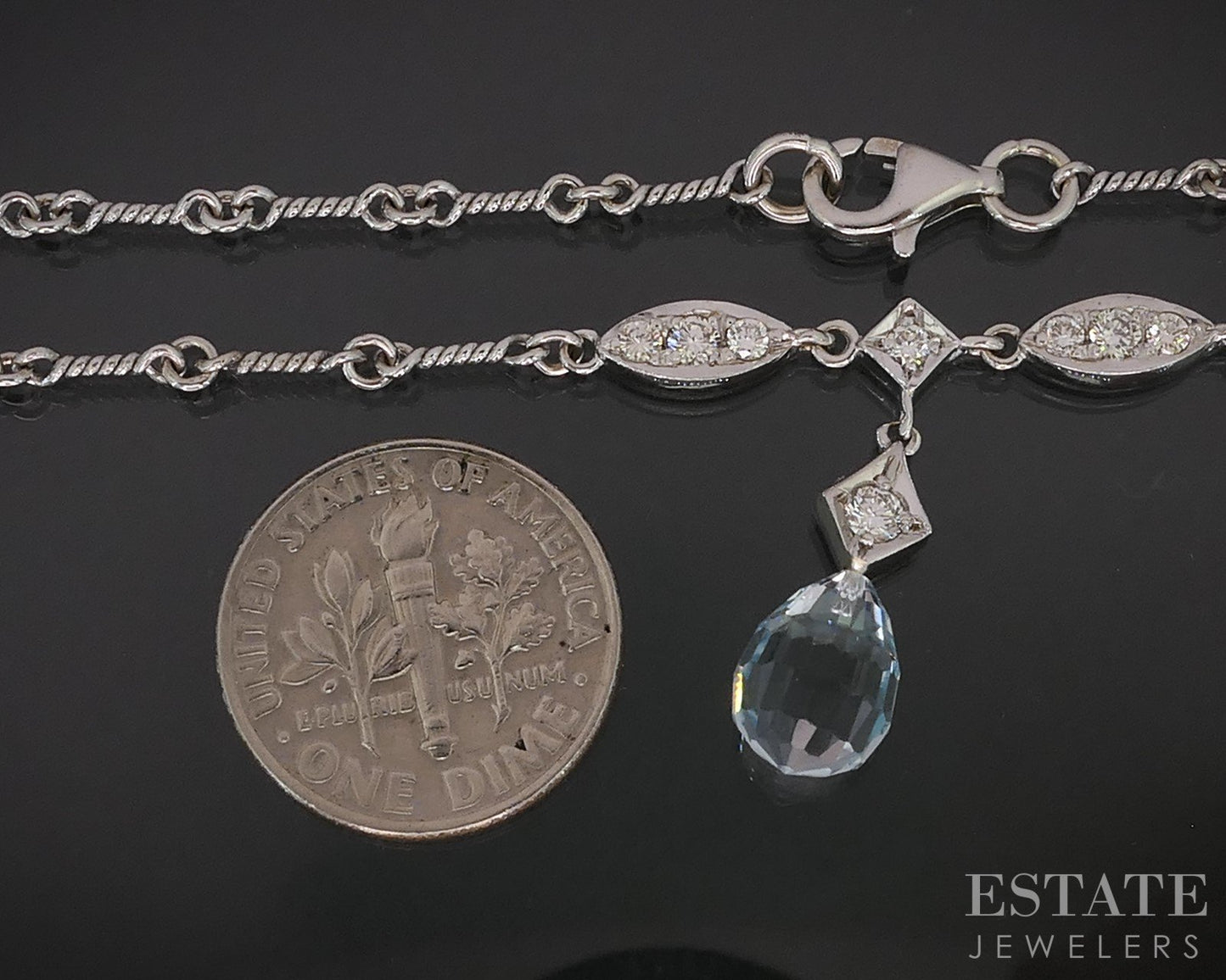 18k White Gold Natural Aquamarine & Diamond Ladies Y-Necklace 8.1g 16"L i19259