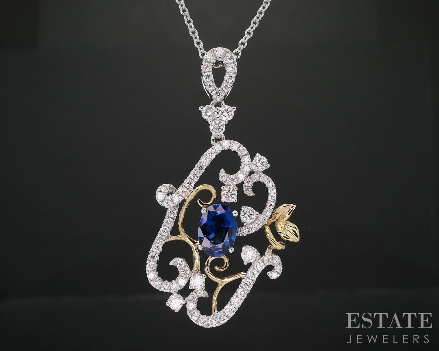18k White Gold Natural Blue Sapphire & Diamond Ladies Necklace 5.7g 16"L i19264