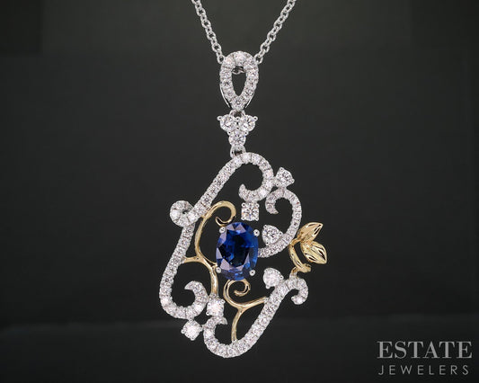 18k White Gold Natural Blue Sapphire & Diamond Ladies Necklace 5.7g 16"L i19264