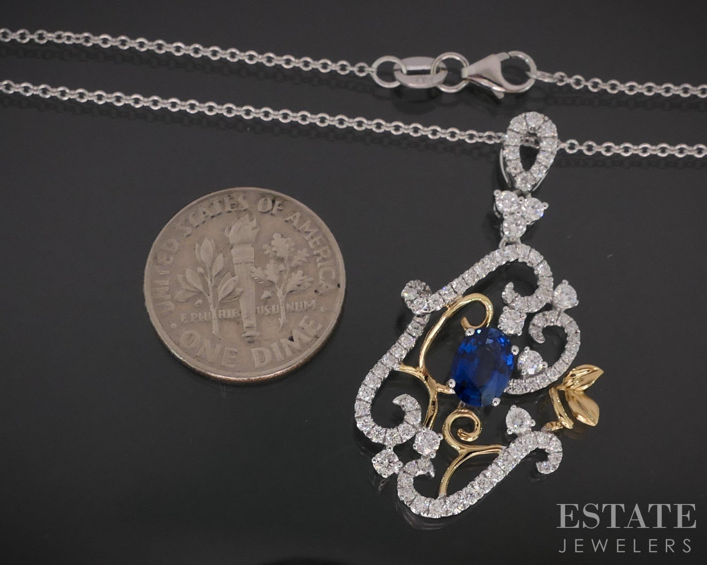 18k White Gold Natural Blue Sapphire & Diamond Ladies Necklace 5.7g 16"L i19264