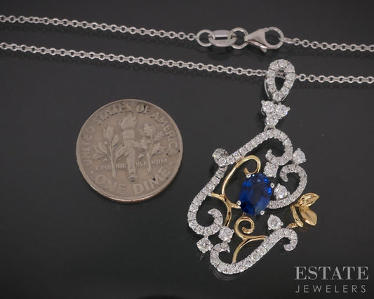 18k White Gold Natural Blue Sapphire & Diamond Ladies Necklace 5.7g 16"L i19264