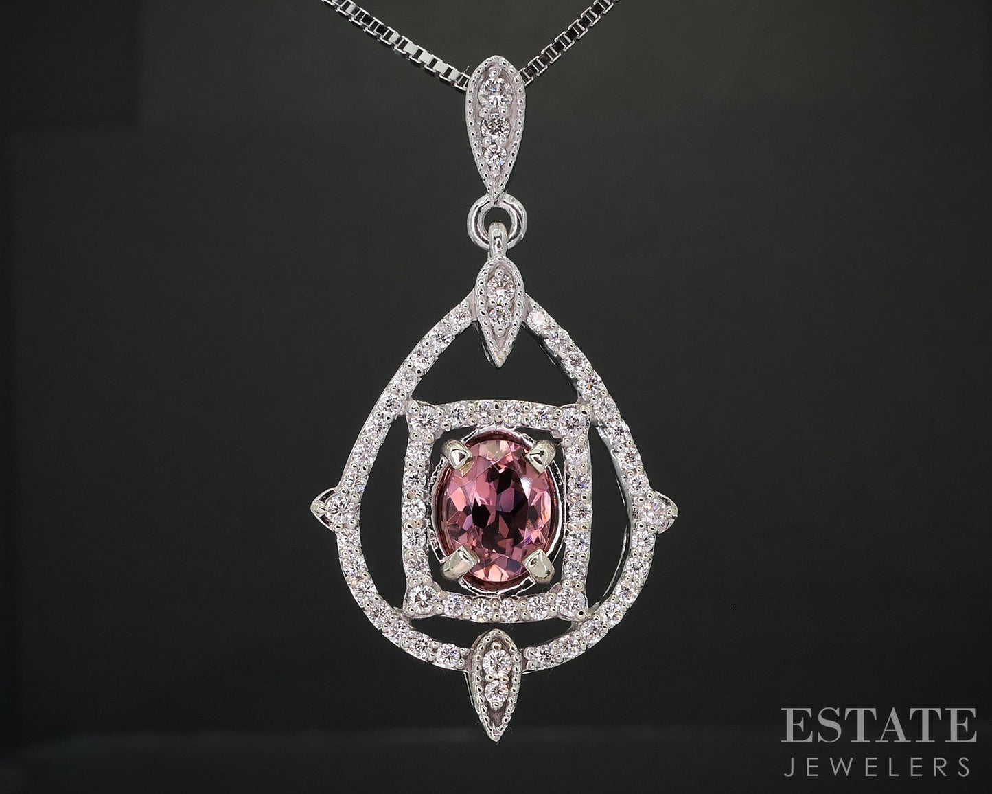 14k White Gold Natural Pink Tourmaline & Diamond Necklace 9.7g 24"L i19263