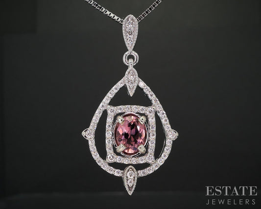14k White Gold Natural Pink Tourmaline & Diamond Necklace 9.7g 24"L i19263