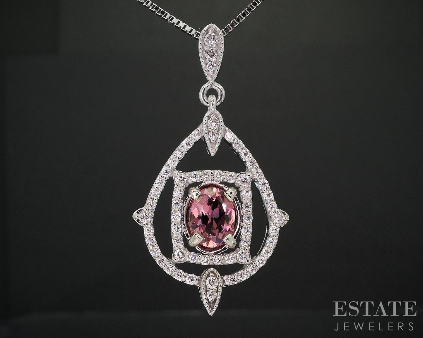 14k White Gold Natural Pink Tourmaline & Diamond Necklace 9.7g 24"L i19263