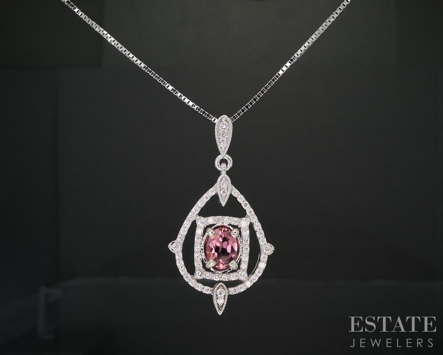 14k White Gold Natural Pink Tourmaline & Diamond Necklace 9.7g 24"L i19263