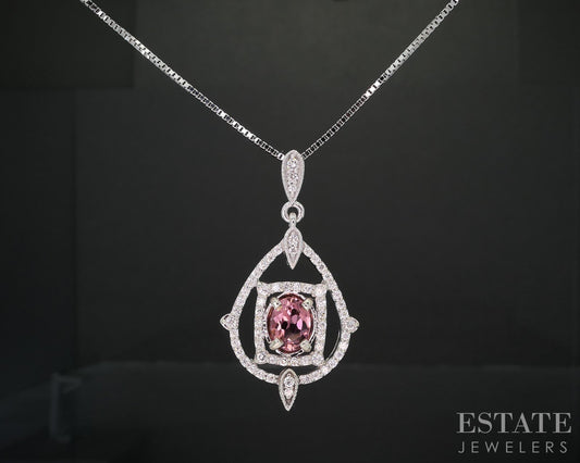 14k White Gold Natural Pink Tourmaline & Diamond Necklace 9.7g 24"L i19263