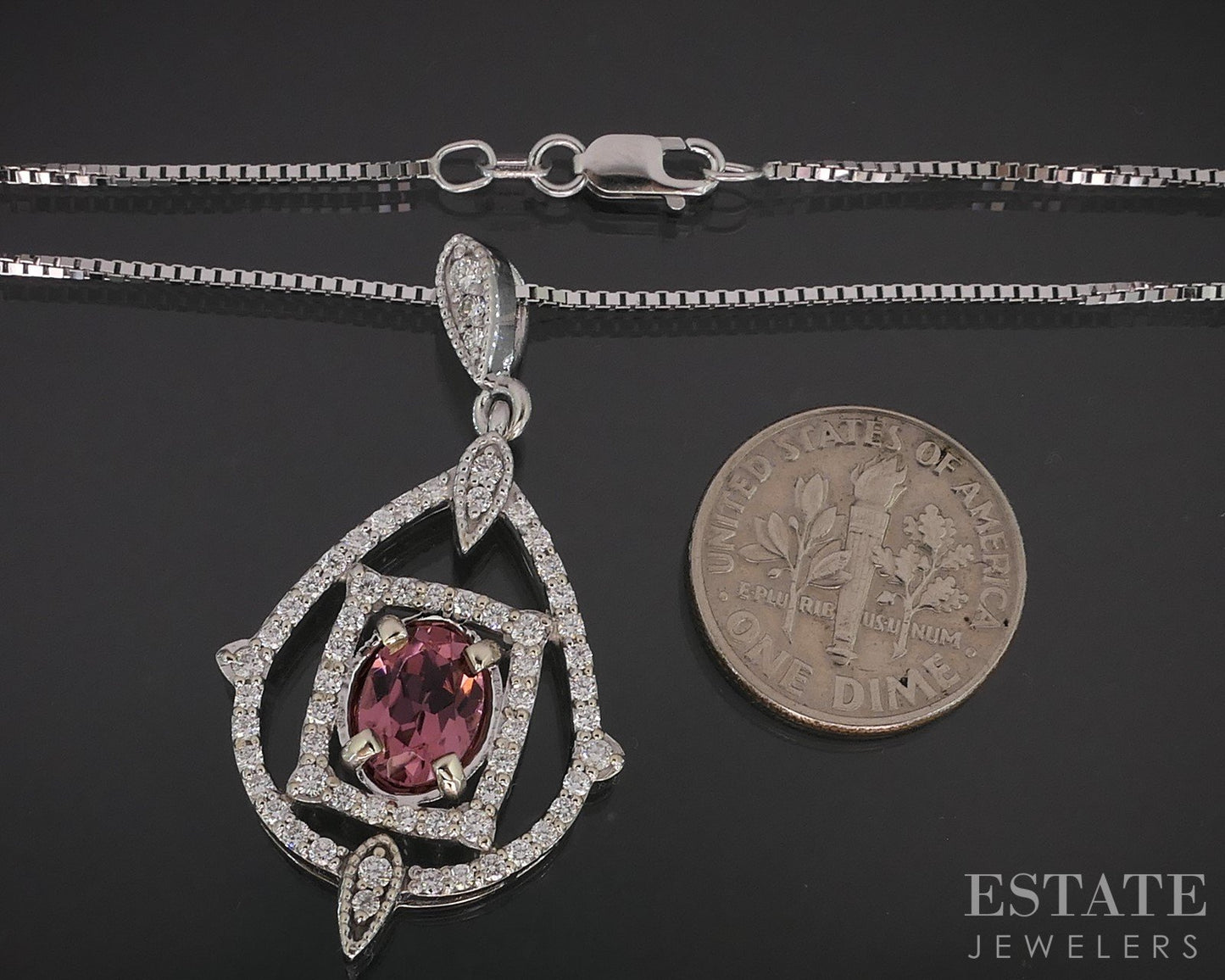 14k White Gold Natural Pink Tourmaline & Diamond Necklace 9.7g 24"L i19263