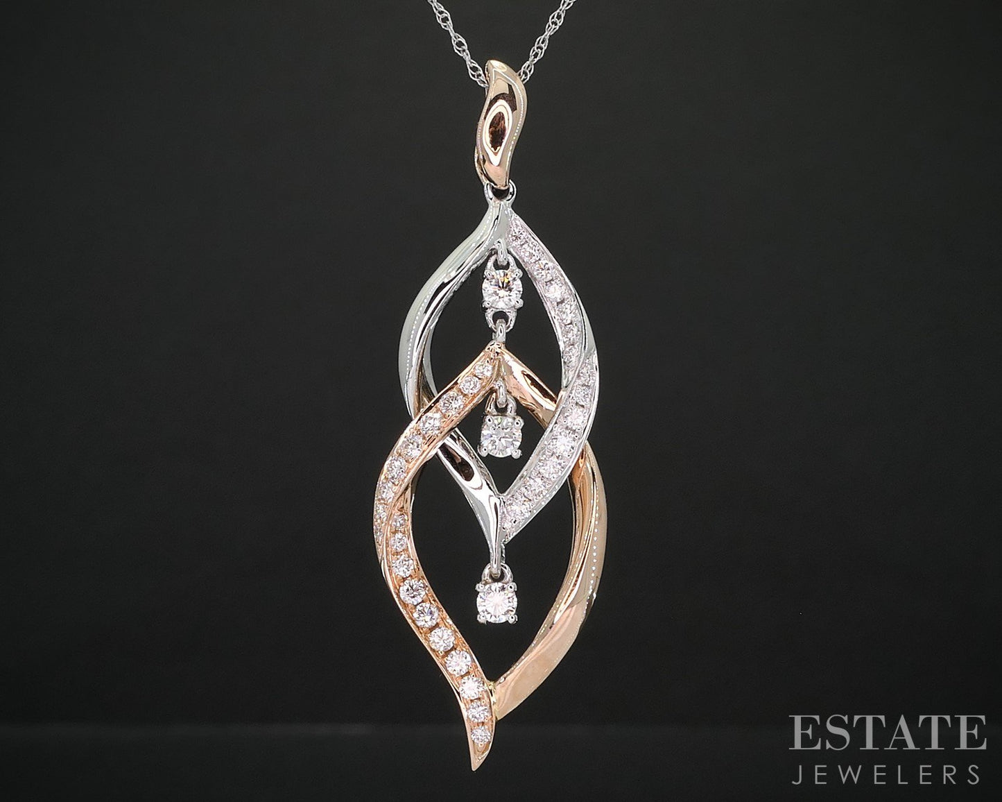 14k Rose & White Gold Natural .50ctw Diamond Dangle Necklace 4.2g 18"L i19265