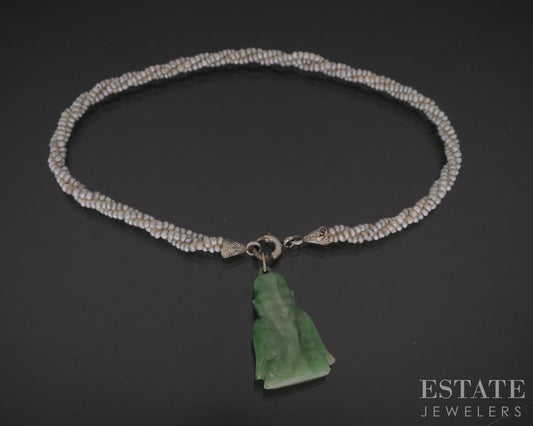 Antique Art Deco Platinum Jade Buddha Seed Pearl Bracelet 7.25"L i19256