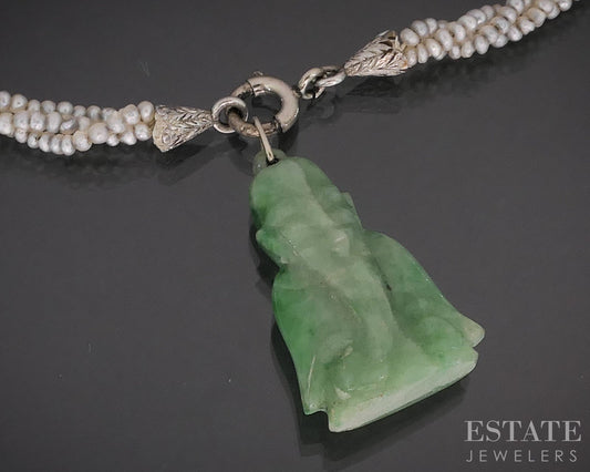 Antique Art Deco Platinum Jade Buddha Seed Pearl Bracelet 7.25"L i19256