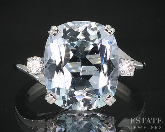 14k White Gold Cushion Natural 4.5ct Aquamarine & Diamond Ring 4g i19253