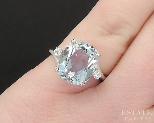 14k White Gold Cushion Natural 4.5ct Aquamarine & Diamond Ring 4g i19253