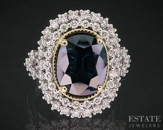 18k & Platinum Oval Natural 5ct Blue Sapphire & Diamond Halo Ring 9.4g p82927