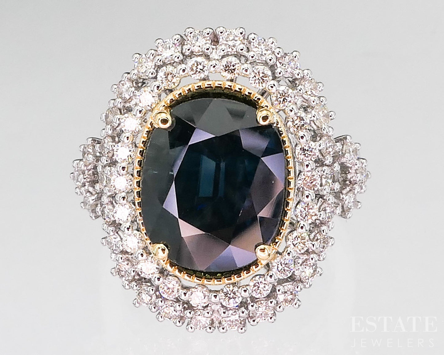 18k & Platinum Oval Natural 5ct Blue Sapphire & Diamond Halo Ring 9.4g i19294