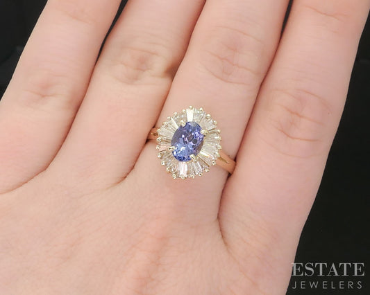 14k Yellow Gold Oval Natural Tanzanite & Diamond Halo Ballerina Ring 4.4g i19282