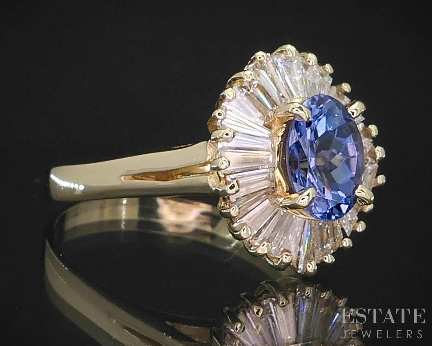 14k Yellow Gold Oval Natural Tanzanite & Diamond Halo Ballerina Ring 4.4g i19282