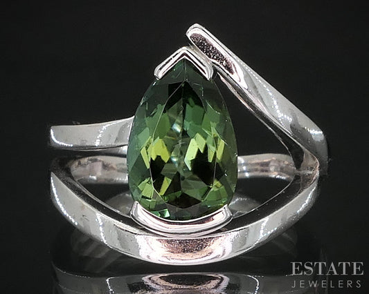 18k White Gold Pear Natural Green Tourmaline Ladies Bypass Ring 7.8g i19304