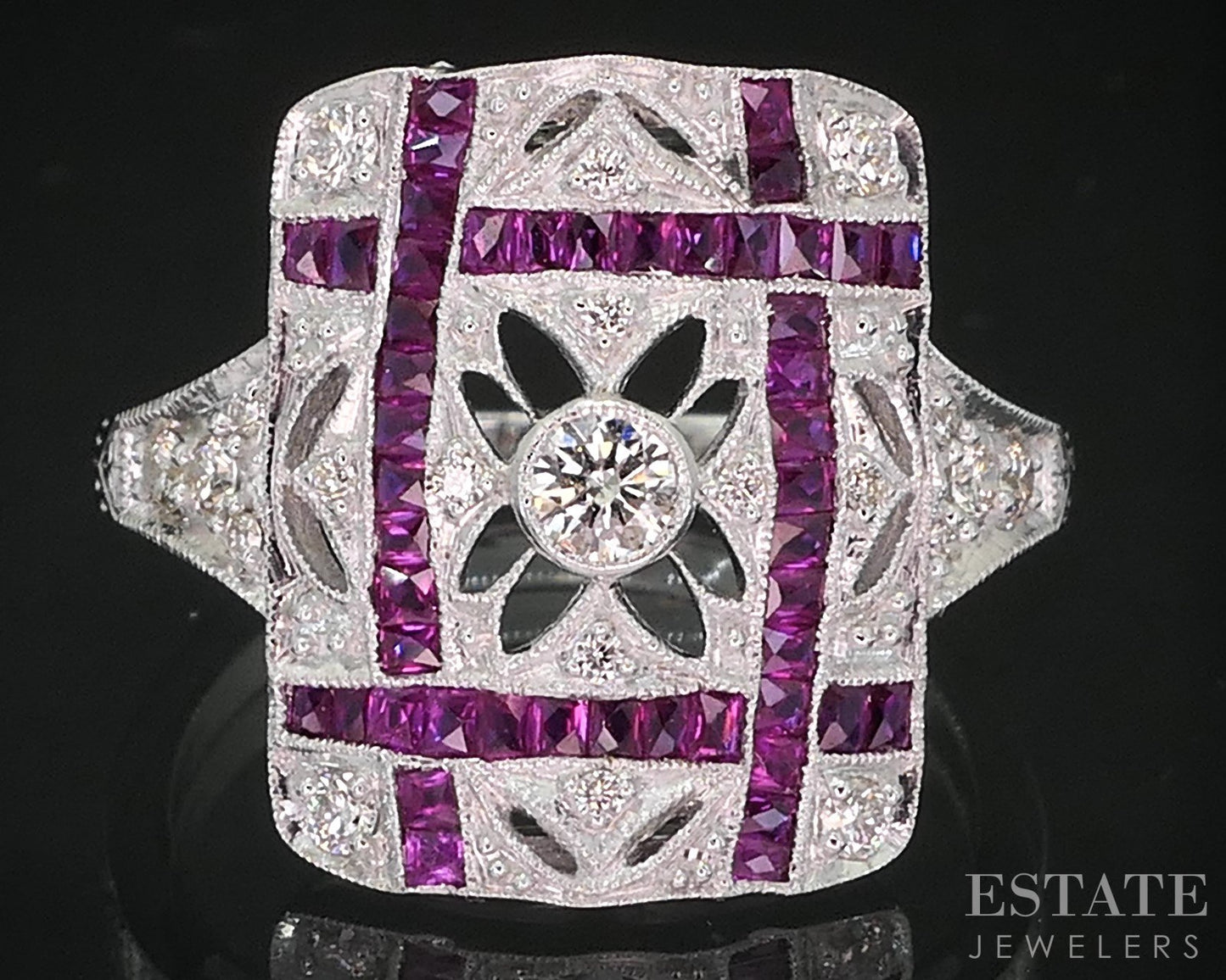 Art Deco 14k White Gold Natural Diamond & Ruby Filigree Cocktail Ring 3g i19298